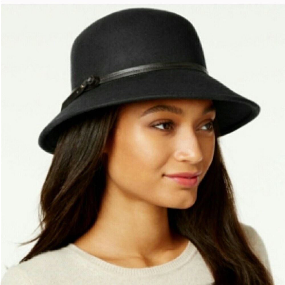 Nine West 100% felt black trench coat hat NWT